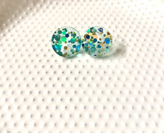 Mint + Blue Shoreline Party 16mm confetti circle post earring circle blanks, gold drop earring stud earring, jewelry dangle DIY making