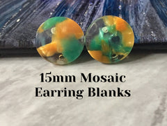 Orange + Green Clear 15mm confetti circle post earring circle blanks, drop earring stud earring, jewelry dangle DIY earring making