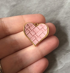 Pink Quilted Heart laid in metal, pink heart charm, metal charm Valentines Day jewelry, holiday earrings