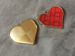 Red Quilted Heart laid in metal, pink heart charm, metal charm Valentines Day jewelry, holiday earrings