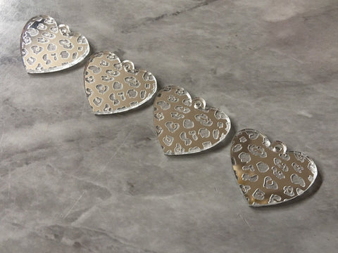 Leopard Print Hearts, laser etched cutout acrylic 30mm Earring Necklace pendant bead, one hole at top DIY blanks mirror silver
