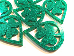 Dark Green GLITTER Beads, teardrop cutout acrylic 45mm Earring Necklace pendant bead, one hole at top DIY blanks green circle drop dangle