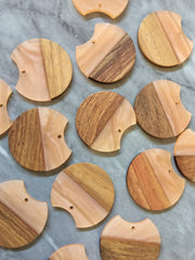 Wood Grain + creamy Peach resin Beads, round cutout acrylic 37mm Earring Necklace pendant bead, one hole at top DIY wooden blanks brown