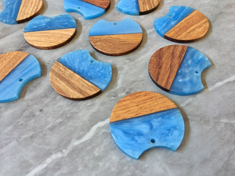 Wood Grain + creamy Blue resin Beads, round cutout acrylic 37mm Earring Necklace pendant bead, one hole at top DIY wooden blanks brown