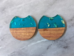 Wood Grain + Blue gold foil resin Beads, round cutout acrylic 37mm Earring Necklace pendant bead, one hole at top DIY wooden blanks