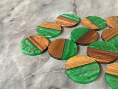 Wood Grain + creamy Green resin Beads, round cutout acrylic 29mm Earring Necklace pendant bead, one hole at top DIY wooden blanks brown