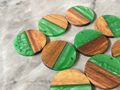 Wood Grain + creamy Green resin Beads, round cutout acrylic 29mm Earring Necklace pendant bead, one hole at top DIY wooden blanks brown