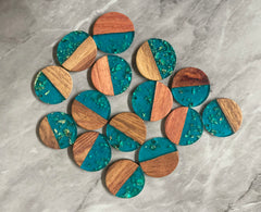 Wood Grain + Blue gold foil resin Beads, round cutout acrylic 29mm Earring Necklace pendant bead, one hole at top DIY wooden blanks