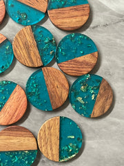 Wood Grain + Blue gold foil resin Beads, round cutout acrylic 29mm Earring Necklace pendant bead, one hole at top DIY wooden blanks