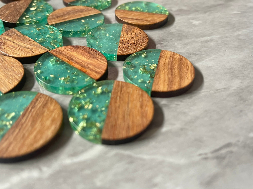 Wood Grain + gold foil green resin Beads, round cutout acrylic