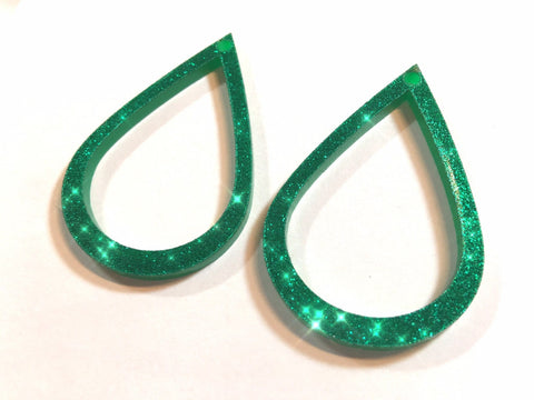 Dark Green GLITTER Beads, teardrop cutout acrylic 51mm Earring Necklace pendant bead, one hole at top DIY blanks green circle drop dangle