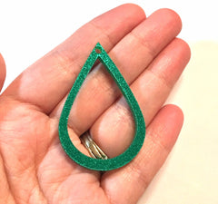 Dark Green GLITTER Beads, teardrop cutout acrylic 51mm Earring Necklace pendant bead, one hole at top DIY blanks green circle drop dangle
