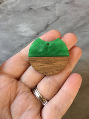 Wood Grain + creamy Green resin Beads, round cutout acrylic 37mm Earring Necklace pendant bead, one hole at top DIY wooden blanks brown