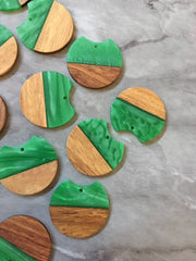 Wood Grain + creamy Green resin Beads, round cutout acrylic 37mm Earring Necklace pendant bead, one hole at top DIY wooden blanks brown