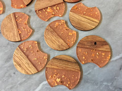 wood Grain + gold foil resin Beads, round cutout acrylic 37mm Earring Necklace pendant bead, one hole at top DIY wooden blanks brown