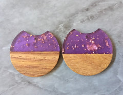 wood Grain + purple gold foil resin Beads, round cutout acrylic 37mm Earring Necklace pendant bead, one hole at top DIY wooden blanks