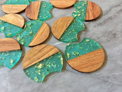 Wood Grain + Green gold foil resin Beads, round cutout acrylic 37mm Earring Necklace pendant bead, one hole at top DIY wooden blanks