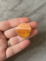 Wood Grain + creamy Peach resin Beads, round cutout acrylic 29mm Earring Necklace pendant bead, one hole at top DIY wooden blanks brown