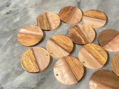 Wood Grain + creamy Peach resin Beads, round cutout acrylic 29mm Earring Necklace pendant bead, one hole at top DIY wooden blanks brown