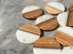 Wood Grain + creamy white resin Beads, round cutout acrylic 29mm Earring Necklace pendant bead, one hole at top DIY wooden blanks