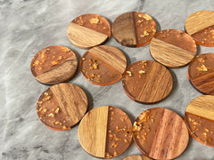 wood Grain + gold foil orange resin Beads, round cutout acrylic 29mm Earring Necklace pendant bead, one hole at top DIY wooden blanks