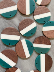 Wood Grain + Stripe resin Beads, round cutout acrylic 29mm Earring Necklace pendant bead, one hole top DIY wooden blanks teal cream circle
