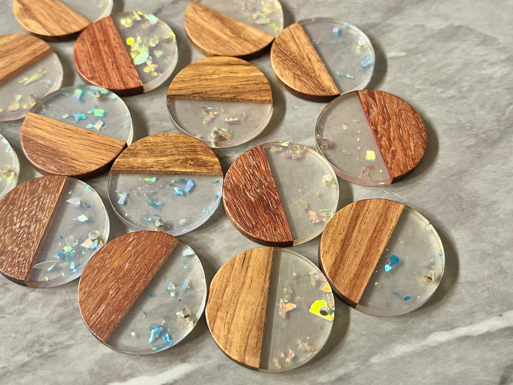 wood Grain + SHIMMER rainbow foil clear resin Beads, round cutout