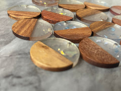 wood Grain + SHIMMER rainbow foil clear resin Beads, round cutout acrylic 29mm Earring Necklace pendant bead, one hole top DIY wooden blanks