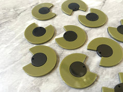 Mod Style Olive Green & Black Beads, circle cutout acrylic 34mm Earring or Necklace pendant bead, one hole at top, colorful statement