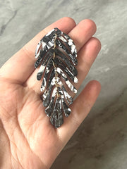 Black & White “Skeleton Key” Large feather flower pendants, brass leaves flutter, Statement earring bottom jewelry long necklace bead