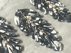Black & White “Skeleton Key” Large feather flower pendants, brass leaves flutter, Statement earring bottom jewelry long necklace bead