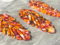 Orange & Pink “Summer Solstice” Large feather flower pendants, brass leaves flutter, Statement earring bottom jewelry long necklace bead