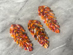Orange & Pink “Summer Solstice” Large feather flower pendants, brass leaves flutter, Statement earring bottom jewelry long necklace bead