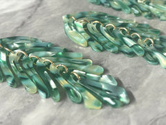 Green & White “Everglades” Large feather flower pendants, brass leaves flutter, Statement earring bottom jewelry long necklace bead floral