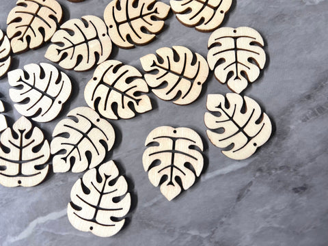 Wood Laser Cut Monstera Leaf, 30mm Earring Necklace pendant bead, one hole at top DIY blanks wood grain jewelry palm tree leaves brown