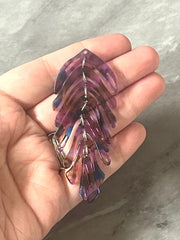 Purple & Blue “Mardi Gras” Large feather flower pendants, brass leaves flutter, Statement earring bottom jewelry long necklace bead floral