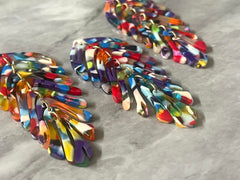 Rainbow Mosaic Large feather flower pendants, brass leaves flutter, Statement earring bottom jewelry long necklace bead floral