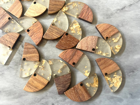 Wood Grain + Gold Foil resin Beads, half moon cutout acrylic 29mm Earring Necklace pendant bead, DIY wooden blanks brown white