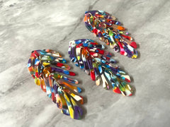 Rainbow Mosaic Large feather flower pendants, brass leaves flutter, Statement earring bottom jewelry long necklace bead floral