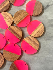 Wood Grain + Hot Pink resin Beads, round cutout acrylic 29mm Earring Necklace pendant bead, one hole at top DIY wooden blanks circle