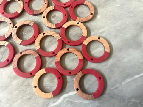 Wood Grain + Red resin Beads, round cutout acrylic 28mm Earring Necklace pendant bead, 2 hole connector DIY wooden blanks circle