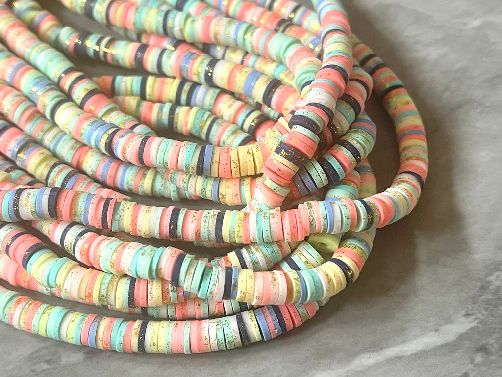 Coral Reef GLITTER 6mm WHOLESALE rubber disc beads, 16” strand heishi colorful round polymer, colorful pride clearance beads donut tie die