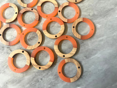 Wood Grain + Orange resin Beads, round cutout acrylic 28mm Earring Necklace pendant bead, 2 hole connector DIY wooden blanks circle