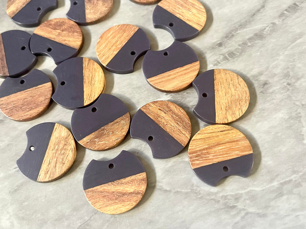 Wood Grain + Navy Blue resin Beads, round cutout acrylic 25mm Earring Necklace pendant bead, one hole at top DIY wooden blanks