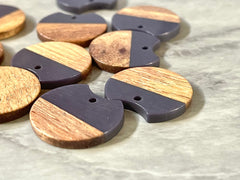 Wood Grain + Navy Blue resin Beads, round cutout acrylic 25mm Earring Necklace pendant bead, one hole at top DIY wooden blanks