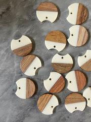 Wood Grain + Cream resin Beads, round cutout acrylic 25mm Earring Necklace pendant bead, one hole at top DIY wooden blanks
