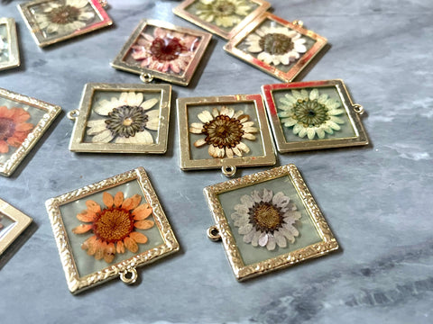 WHOLESALE Pressed Flowers Glass gold pendant, 1 hole floral jewelry