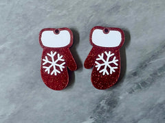 XL Christmas Print Mitten Acrylic Blanks Cutout, earring jewelry making, drop blanks, 35mm glove red glitter winter jewelry