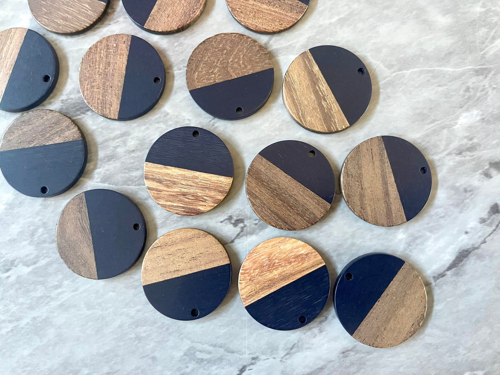 Wood Grain + Navy Blue resin Beads, round cutout acrylic 29mm Earring Necklace pendant bead, one hole at top DIY wooden blanks