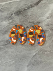 Orange Terrazzo  Rainbow Mosaic Beads, U cutout acrylic 40mm Earring Necklace pendant bead one hole top, acrylic circular jewelry black blue
